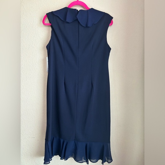 NWT Shelby & Palmer Navy Blue Ruffle Front Chiffon Midi Sheath Dress 12 - Picture 4 of 6
